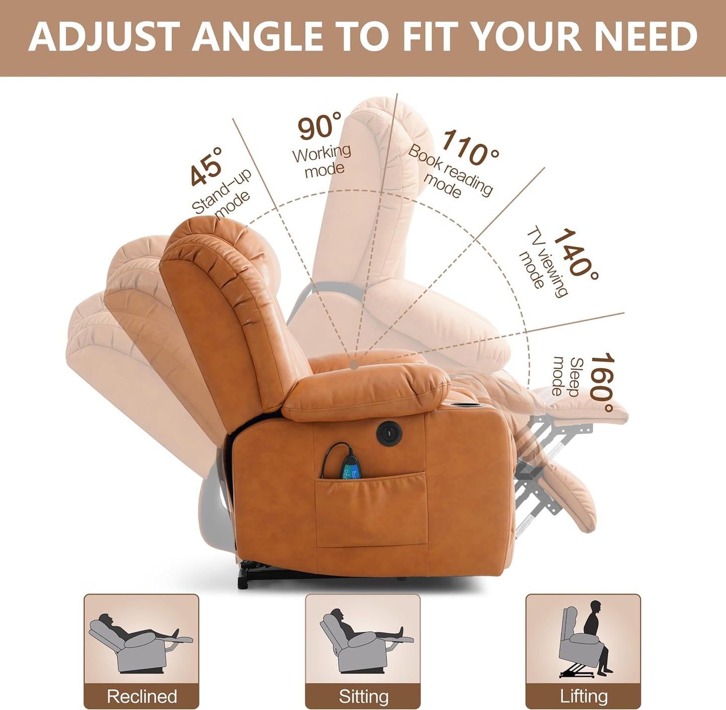 Large Power Lift Recliner Chair for Elderly with Massage and Heating Function,2 Side Pocket,2 Cup Holders,USB Charge Port