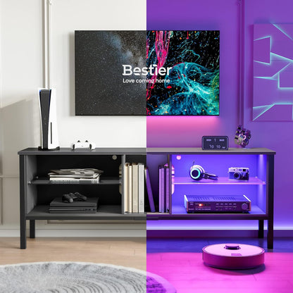 Gaming Entertainment Center for 65+ Inch TV with LED Lights & Adjustable Glass Shelves, Modern TV Stand Media Console, Fits TVs up to 75 Inch, Black Carbon Fiber Ideal for Living Room