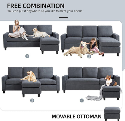 Convertible Sectional Sofa Couch, Modern Linen Fabric L-Shaped , 3-Seat Sofa Sectional with Reversible Chaise for Living Room, Apartment and Small Space