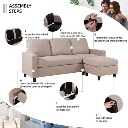 Convertible Sectional Sofa Couch, Modern Linen Fabric L-Shaped , 3-Seat Sofa Sectional with Reversible Chaise for Living Room, Apartment and Small Space