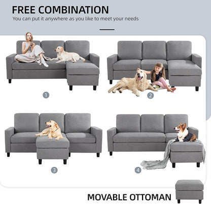 Convertible Sectional Sofa Couch, Modern Linen Fabric L-Shaped , 3-Seat Sofa Sectional with Reversible Chaise for Living Room, Apartment and Small Space