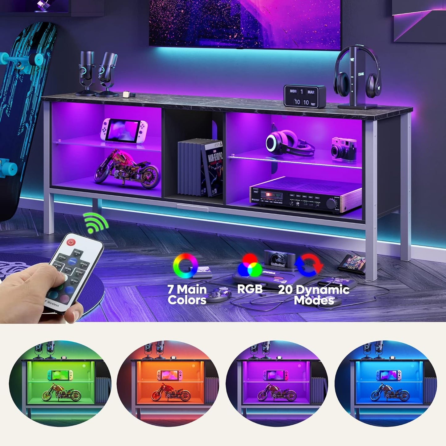 Gaming Entertainment Center for 65+ Inch TV with LED Lights & Adjustable Glass Shelves, Modern TV Stand Media Console, Fits TVs up to 75 Inch, Black Carbon Fiber Ideal for Living Room