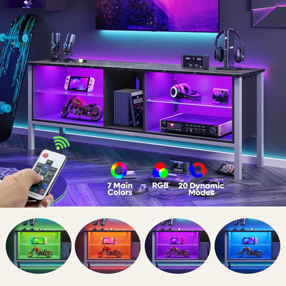 Gaming Entertainment Center for 65+ Inch TV with LED Lights & Adjustable Glass Shelves, Modern TV Stand Media Console, Fits TVs up to 75 Inch, Black Carbon Fiber Ideal for Living Room