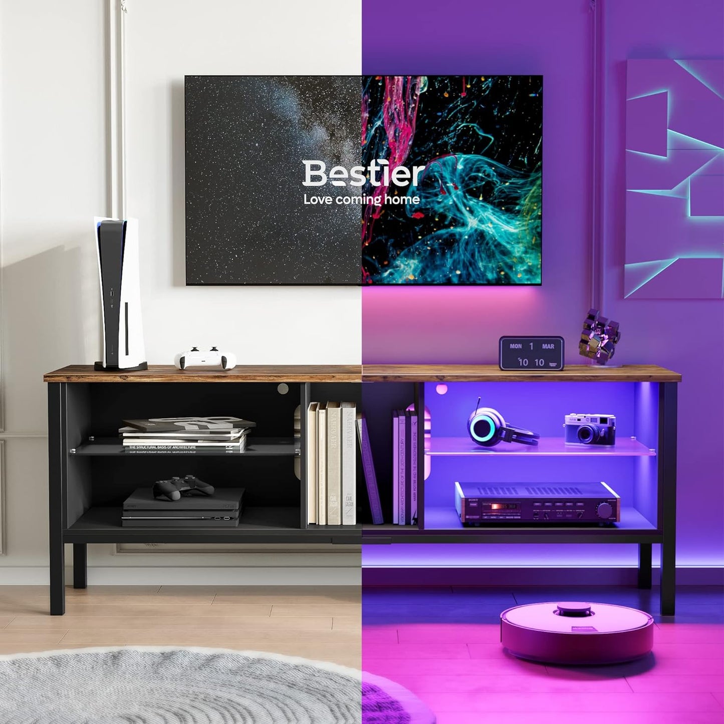 Gaming Entertainment Center for 65+ Inch TV with LED Lights & Adjustable Glass Shelves, Modern TV Stand Media Console, Fits TVs up to 75 Inch, Black Carbon Fiber Ideal for Living Room