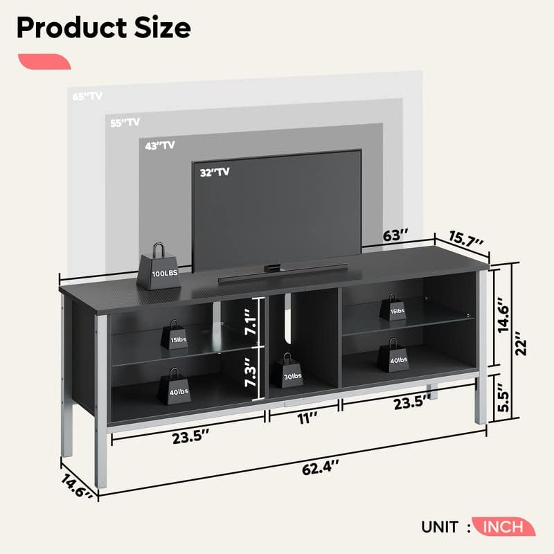 Gaming Entertainment Center for 65+ Inch TV with LED Lights & Adjustable Glass Shelves, Modern TV Stand Media Console, Fits TVs up to 75 Inch, Black Carbon Fiber Ideal for Living Room