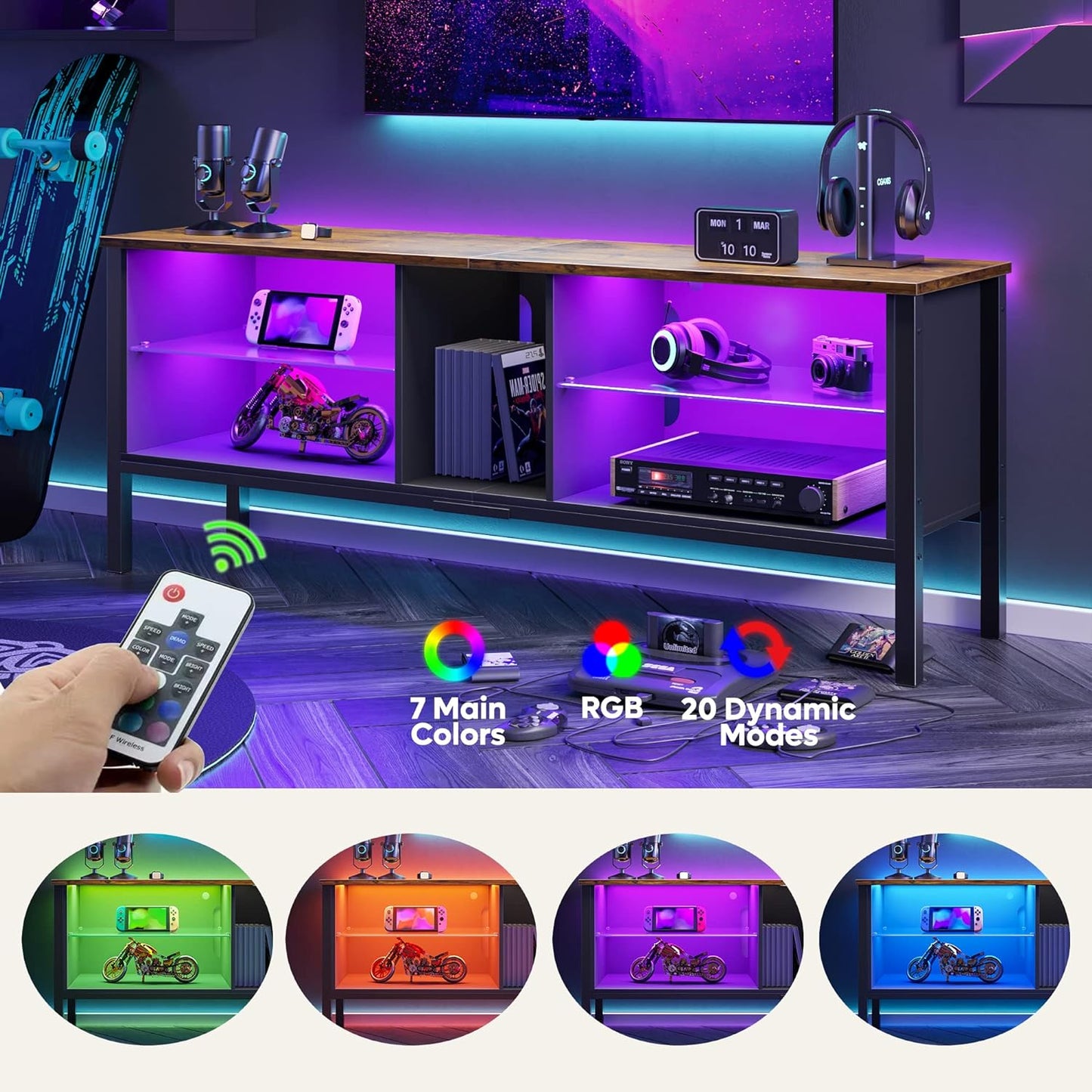 Gaming Entertainment Center for 65+ Inch TV with LED Lights & Adjustable Glass Shelves, Modern TV Stand Media Console, Fits TVs up to 75 Inch, Black Carbon Fiber Ideal for Living Room