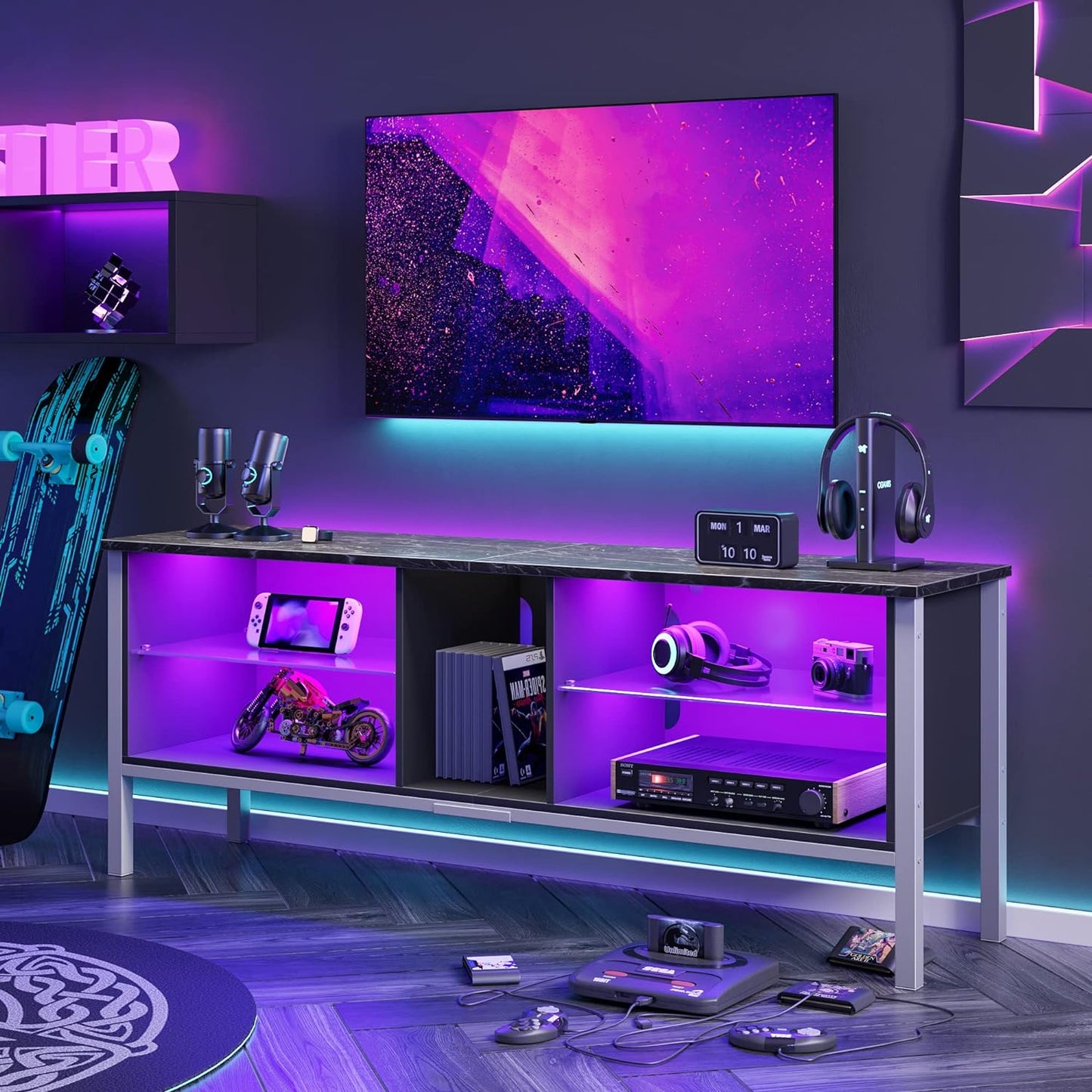 Gaming Entertainment Center for 65+ Inch TV with LED Lights & Adjustable Glass Shelves, Modern TV Stand Media Console, Fits TVs up to 75 Inch, Black Carbon Fiber Ideal for Living Room