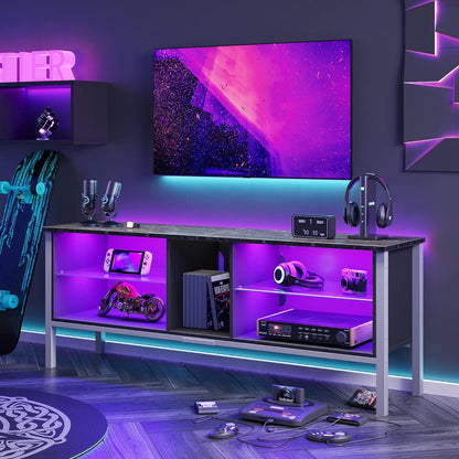 Gaming Entertainment Center for 65+ Inch TV with LED Lights & Adjustable Glass Shelves, Modern TV Stand Media Console, Fits TVs up to 75 Inch, Black Carbon Fiber Ideal for Living Room