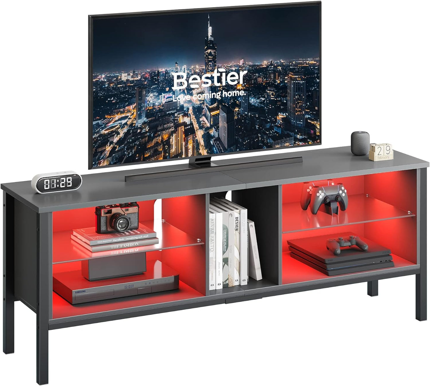 Gaming Entertainment Center for 65+ Inch TV with LED Lights & Adjustable Glass Shelves, Modern TV Stand Media Console, Fits TVs up to 75 Inch, Black Carbon Fiber Ideal for Living Room