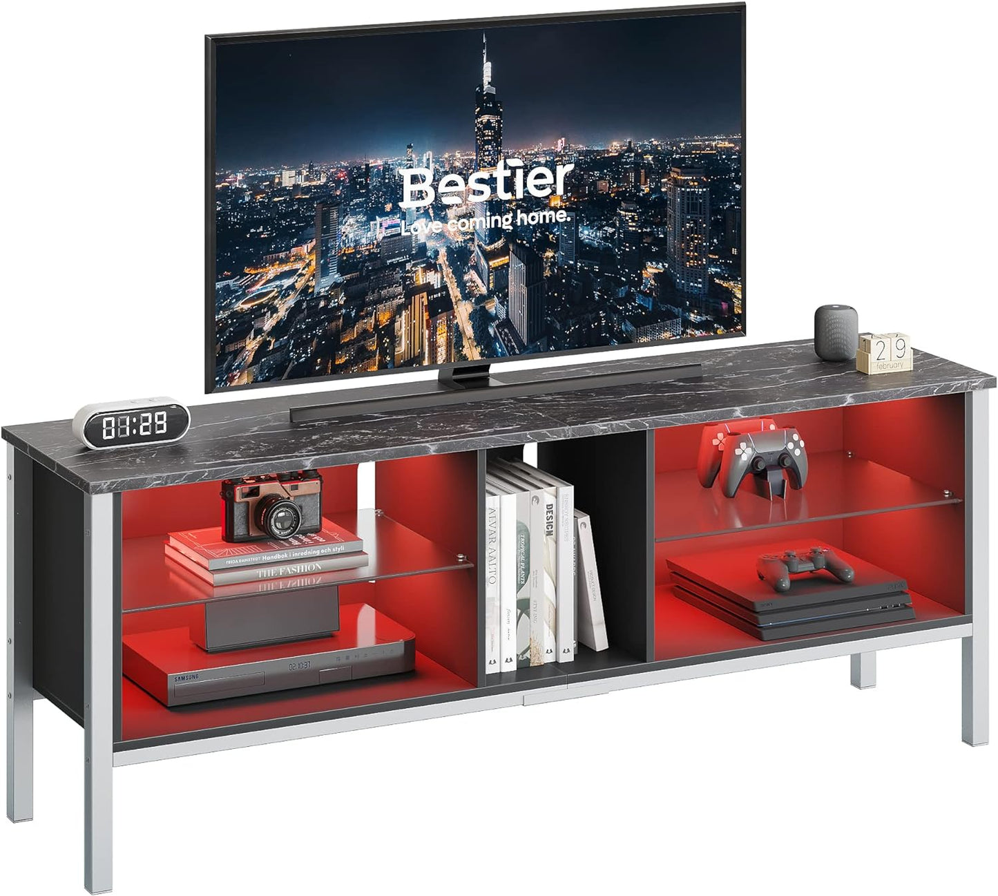 Gaming Entertainment Center for 65+ Inch TV with LED Lights & Adjustable Glass Shelves, Modern TV Stand Media Console, Fits TVs up to 75 Inch, Black Carbon Fiber Ideal for Living Room