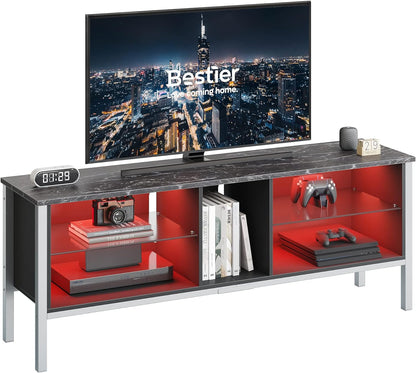 Gaming Entertainment Center for 65+ Inch TV with LED Lights & Adjustable Glass Shelves, Modern TV Stand Media Console, Fits TVs up to 75 Inch, Black Carbon Fiber Ideal for Living Room