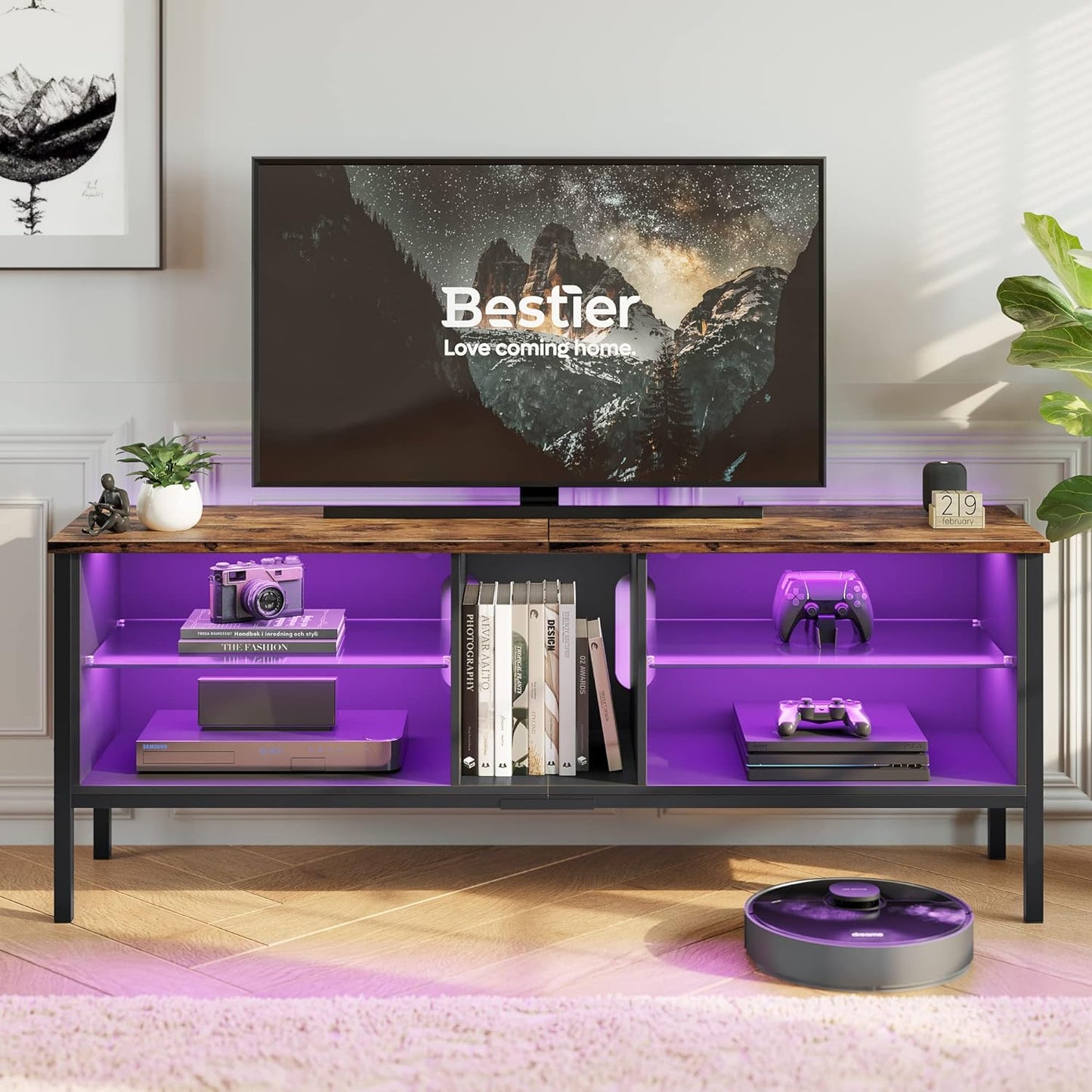 Gaming Entertainment Center for 65+ Inch TV with LED Lights & Adjustable Glass Shelves, Modern TV Stand Media Console, Fits TVs up to 75 Inch, Black Carbon Fiber Ideal for Living Room