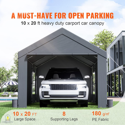 10x20ft Heavy Duty Car Canopy, Portable Garage with Roll-up Ventilated Windows & Removable Sidewalls, UV Resistant Waterproof All-Season Tarp for SUV, F150, Car, Truck, Boat