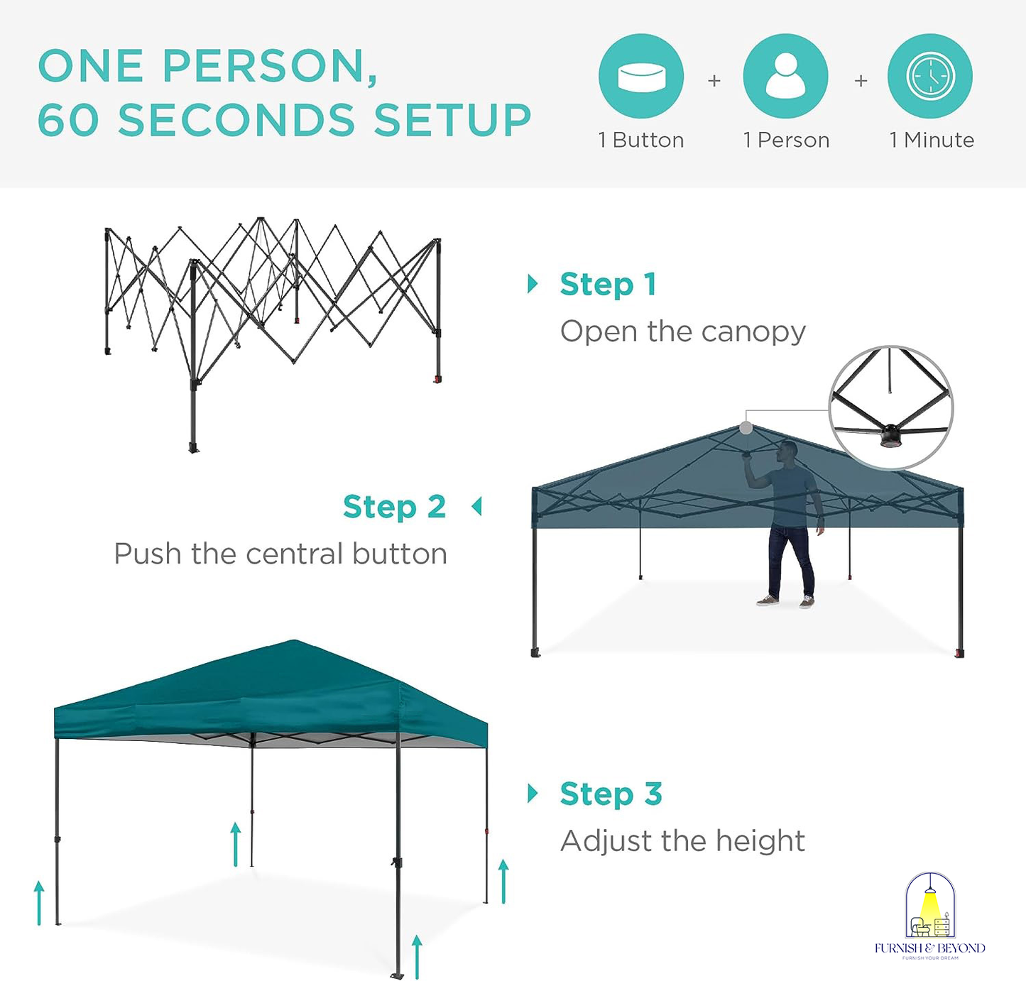 10x10ft 1-Person Setup Pop Up Canopy Tent Instant Portable Shelter w/ 1-Button Push, Straight Legs, Wheeled Carry Case, Stakes