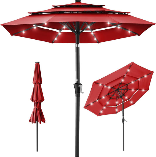 3-Tier Solar Patio Umbrella, Outdoor Market Sun Shade for Backyard, Deck, Poolside w/ 24 LED Lights, Tilt Adjustment, Easy Crank, 8 Ribs