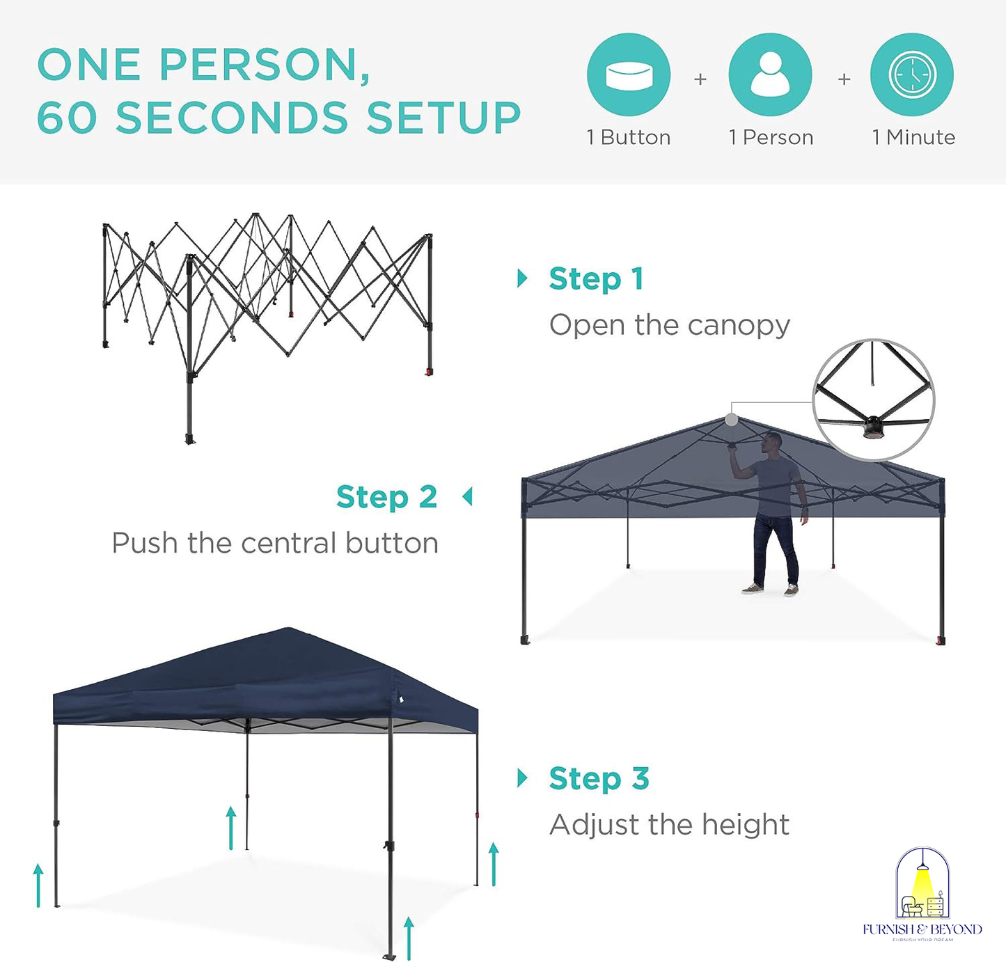 10x10ft 1-Person Setup Pop Up Canopy Tent Instant Portable Shelter w/ 1-Button Push, Straight Legs, Wheeled Carry Case, Stakes