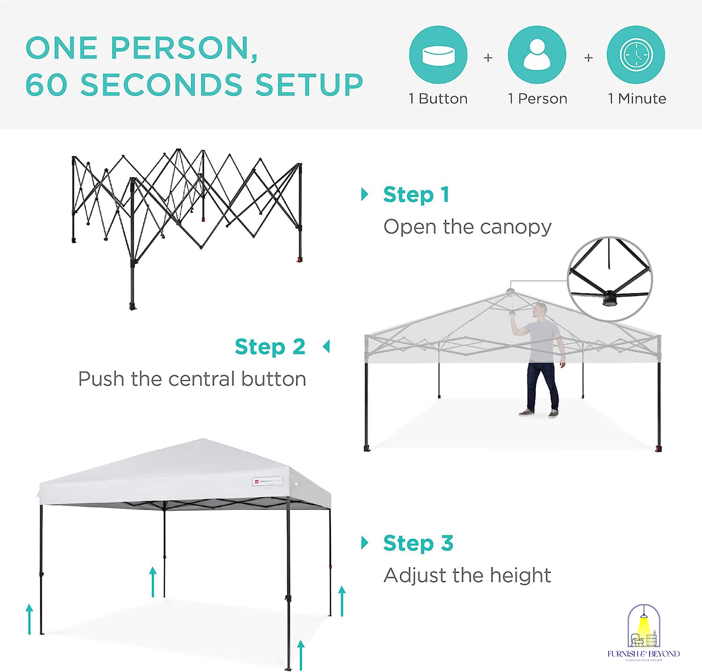 10x10ft 1-Person Setup Pop Up Canopy Tent Instant Portable Shelter w/ 1-Button Push, Straight Legs, Wheeled Carry Case, Stakes