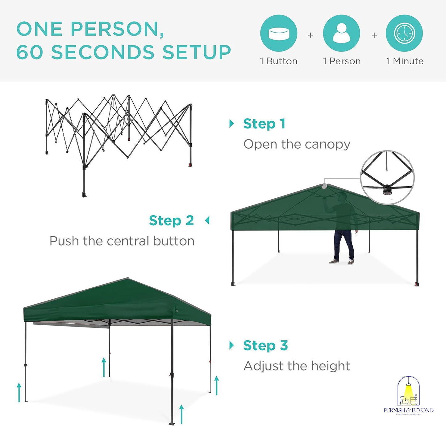 10x10ft 1-Person Setup Pop Up Canopy Tent Instant Portable Shelter w/ 1-Button Push, Straight Legs, Wheeled Carry Case, Stakes
