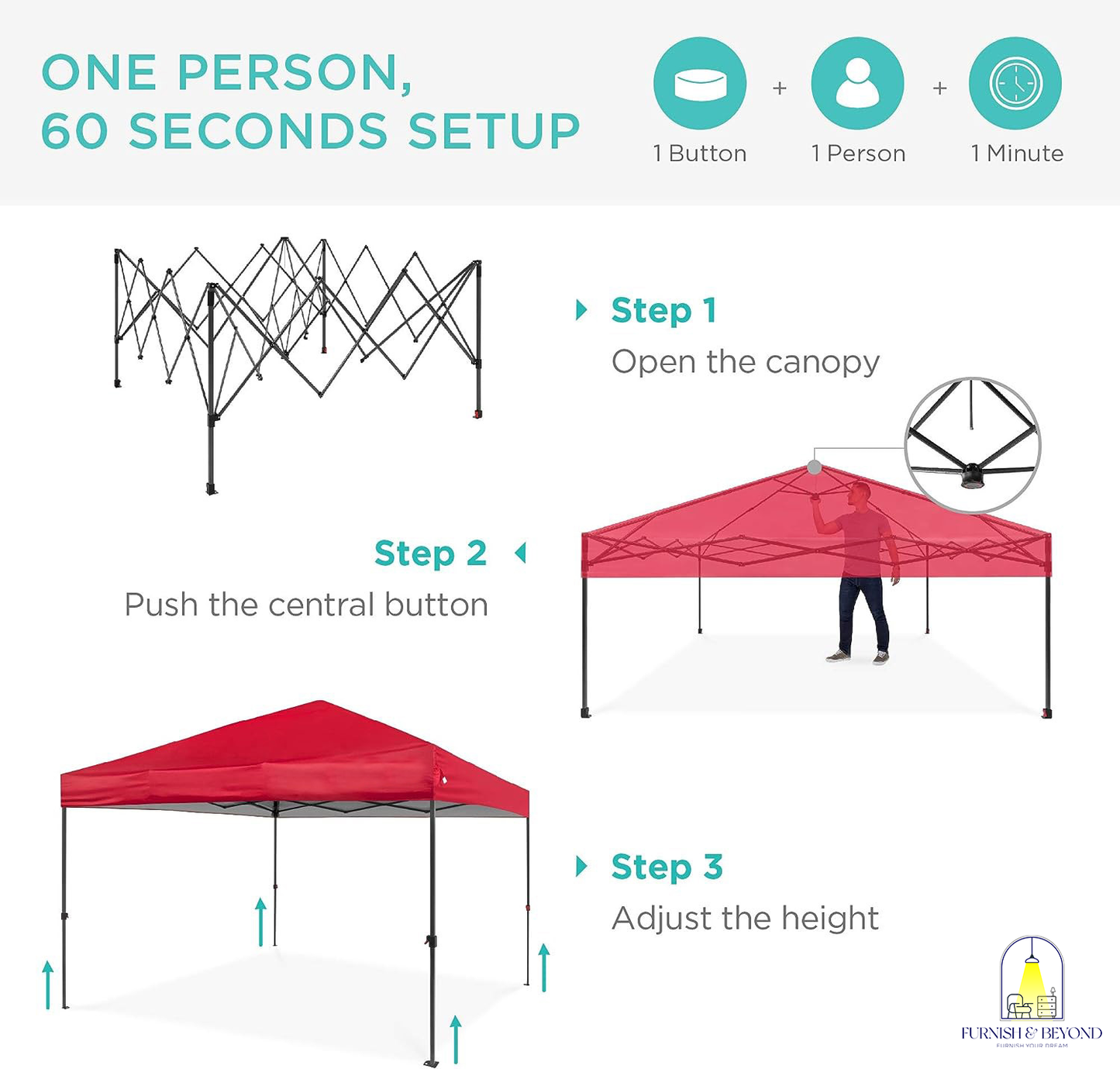 10x10ft 1-Person Setup Pop Up Canopy Tent Instant Portable Shelter w/ 1-Button Push, Straight Legs, Wheeled Carry Case, Stakes