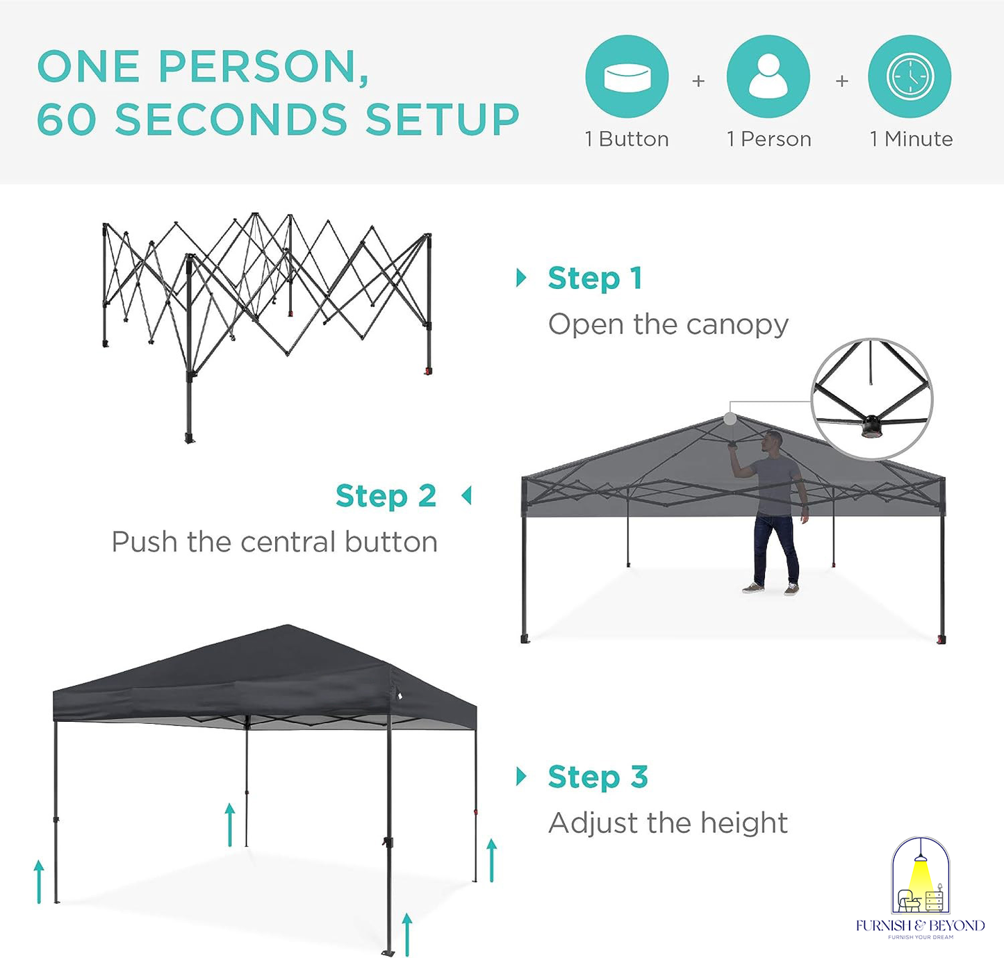10x10ft 1-Person Setup Pop Up Canopy Tent Instant Portable Shelter w/ 1-Button Push, Straight Legs, Wheeled Carry Case, Stakes