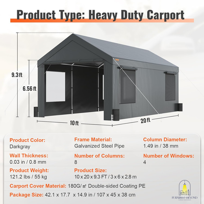 10x20ft Heavy Duty Car Canopy, Portable Garage with Roll-up Ventilated Windows & Removable Sidewalls, UV Resistant Waterproof All-Season Tarp for SUV, F150, Car, Truck, Boat