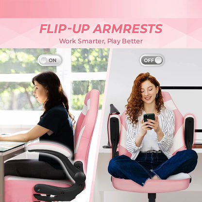 Gaming Chair Ergonomic Office Chair Computer Desk Chair with Lumbar Support Flip Up Arms Adjustable Height Swivel PU Leather Executive PC Chair with Wheels for Adults Women Men