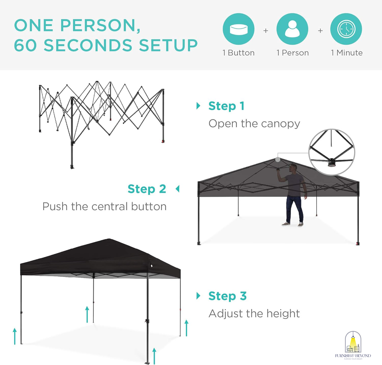 10x10ft 1-Person Setup Pop Up Canopy Tent Instant Portable Shelter w/ 1-Button Push, Straight Legs, Wheeled Carry Case, Stakes