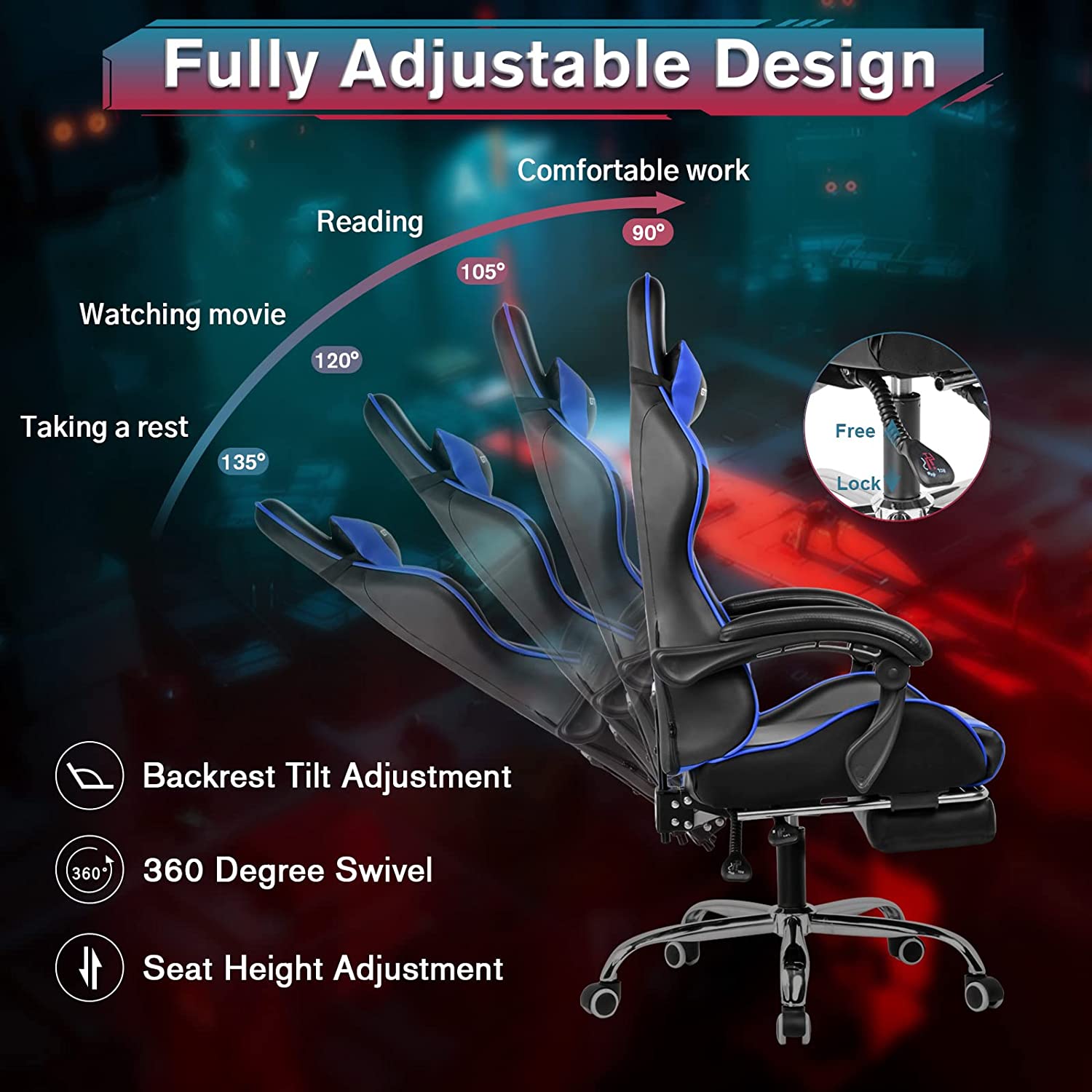 Gaming Chair, Computer Chair with Footrest and Lumbar Support