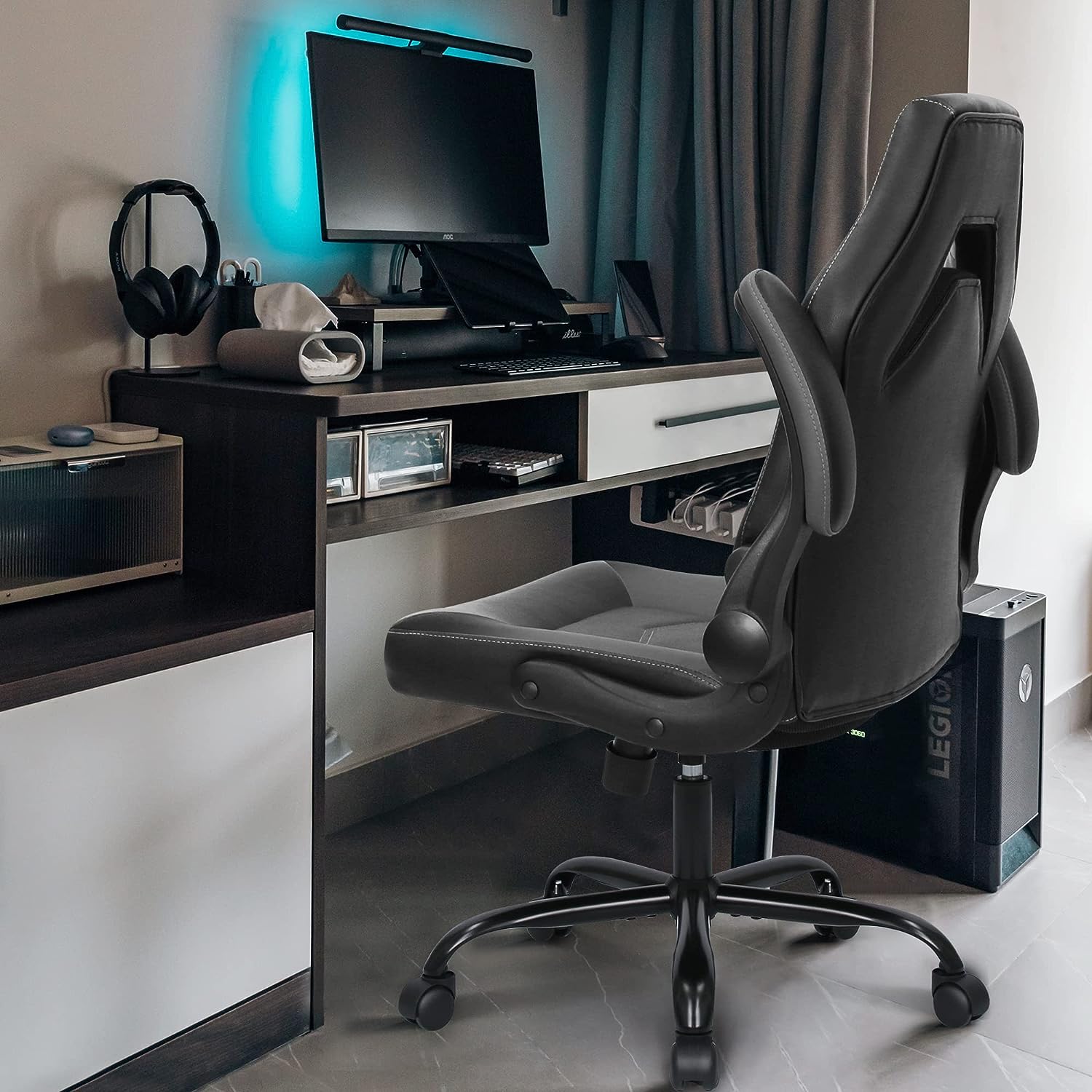 Gaming Chair Ergonomic Office Chair Computer Desk Chair with Lumbar Support Flip Up Arms Adjustable Height Swivel PU Leather Executive PC Chair with Wheels for Adults Women Men