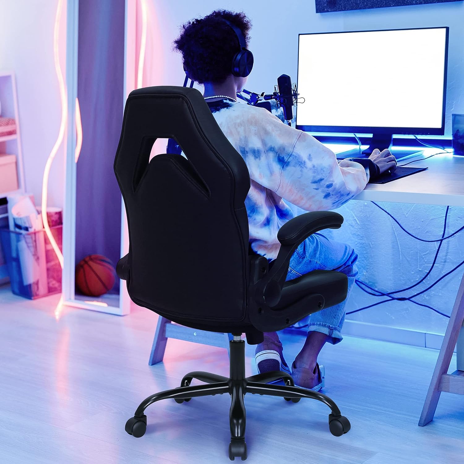 Gaming Chair Ergonomic Office Chair Computer Desk Chair with Lumbar Support Flip Up Arms Adjustable Height Swivel PU Leather Executive PC Chair with Wheels for Adults Women Men