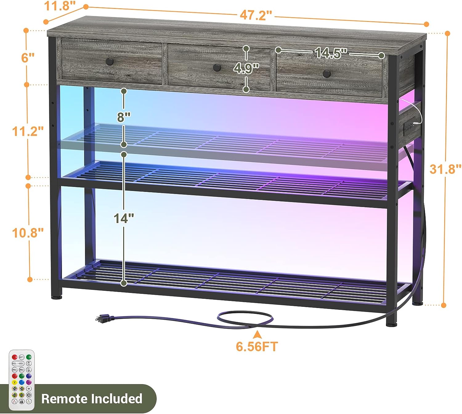Console Table for Entryway with Power Strip, Entryway Table with RGB LED Lights, Entry Table with Storage Drawers, Sofa Tables Narrow Long for Living Room, Couch, Hallway, Foyer