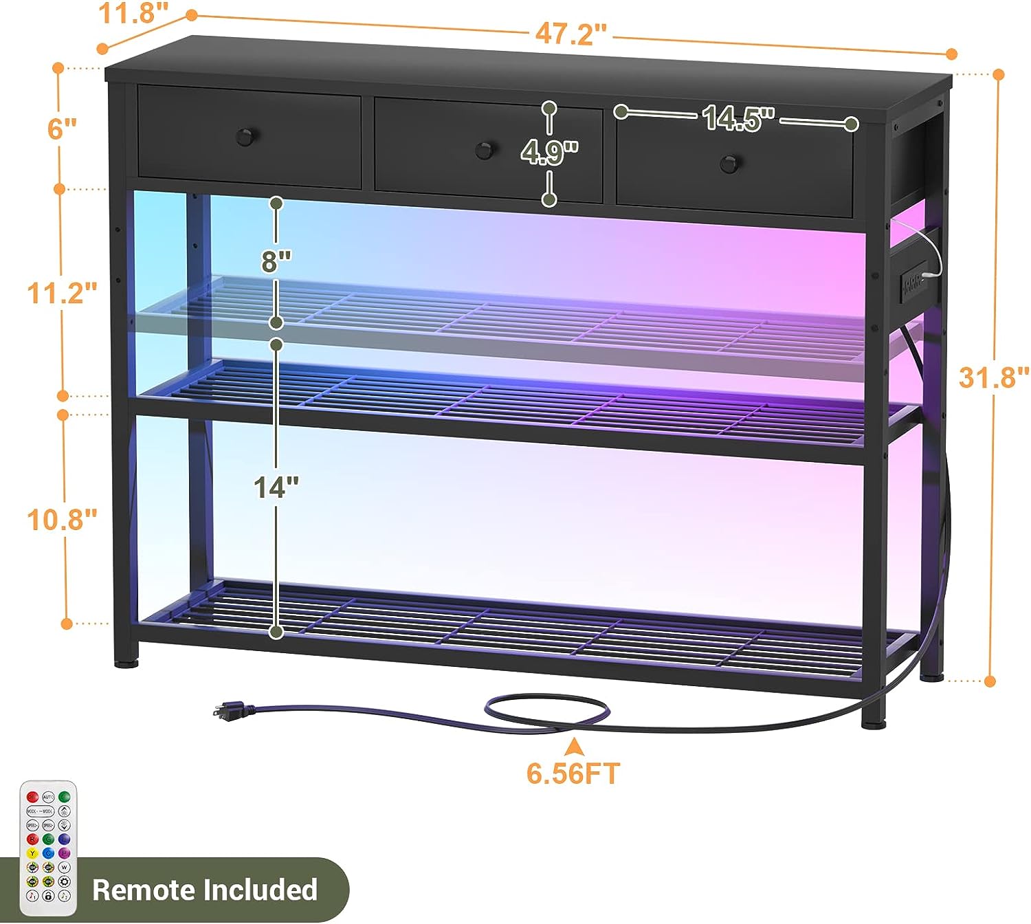Console Table for Entryway with Power Strip, Entryway Table with RGB LED Lights, Entry Table with Storage Drawers, Sofa Tables Narrow Long for Living Room, Couch, Hallway, Foyer