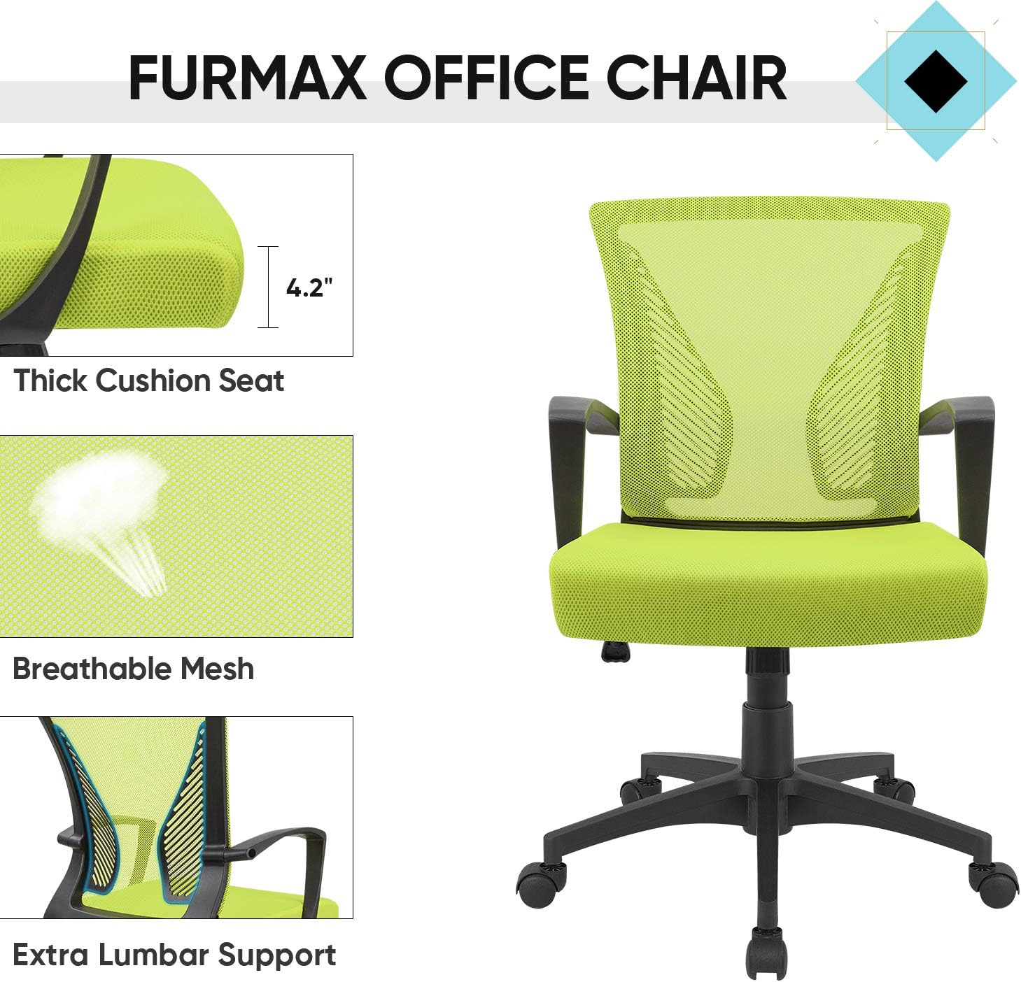 Office Chair Mid Back Swivel Lumbar Support Desk Chair, Computer Ergonomic Mesh Chair with Armrest