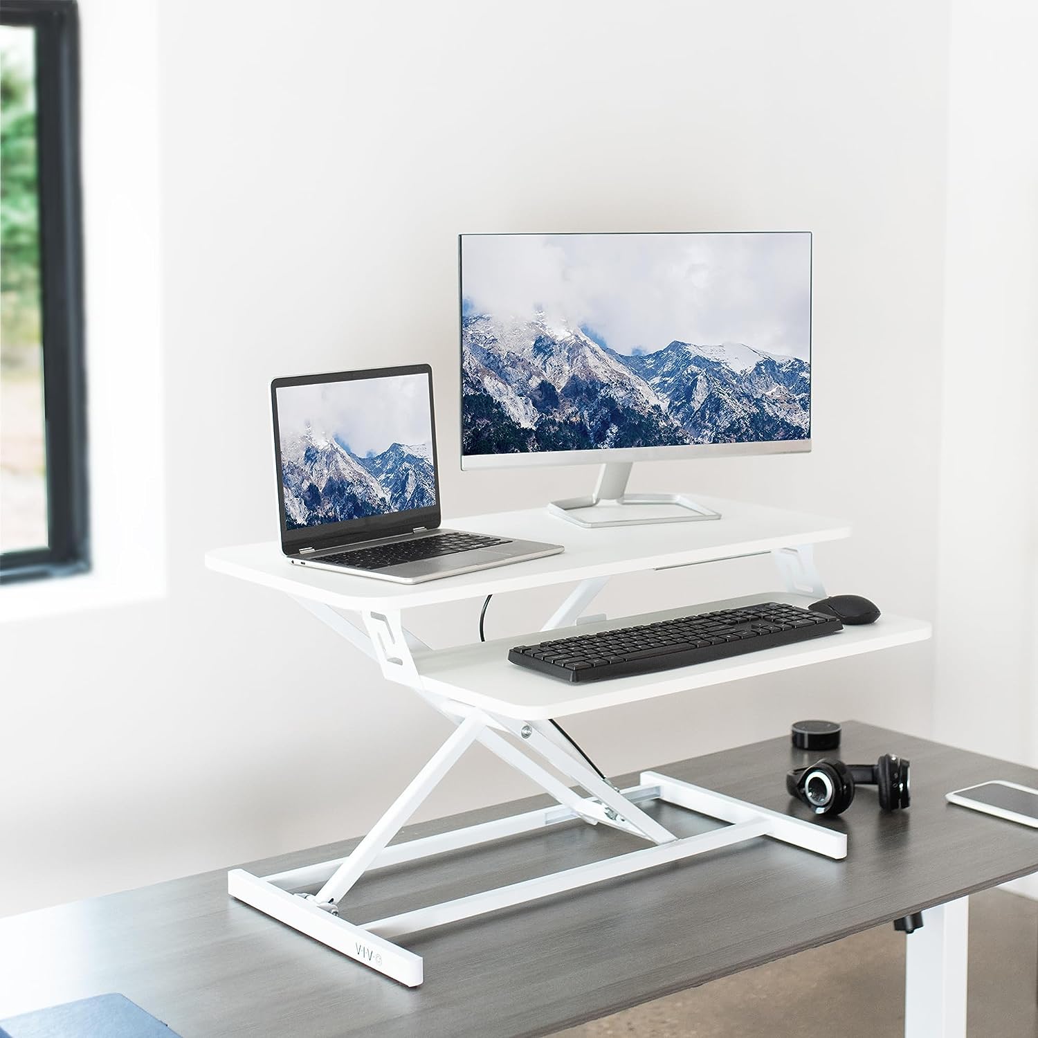 Height Adjustable 32 inch Stand Up Desk Converter, Quick Sit to Stand Tabletop Dual Monitor Riser Workstation