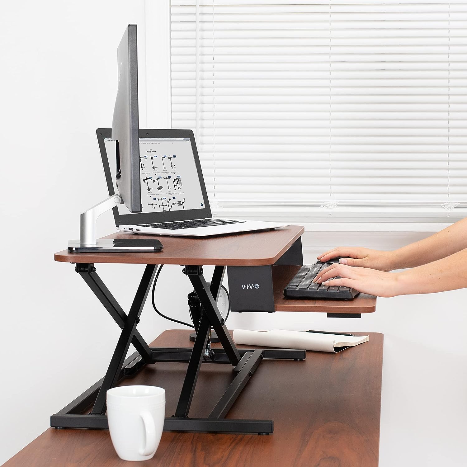 Height Adjustable 32 inch Stand Up Desk Converter, Quick Sit to Stand Tabletop Dual Monitor Riser Workstation