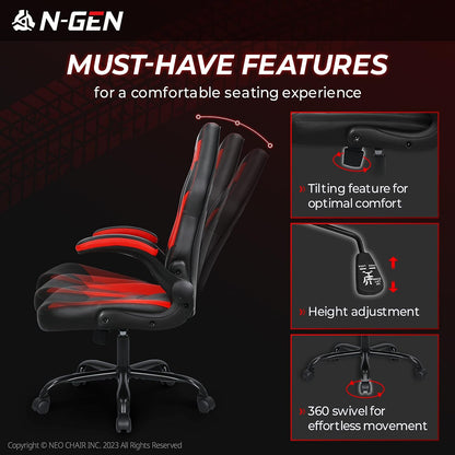Gaming Chair Ergonomic Office Chair Computer Desk Chair with Lumbar Support Flip Up Arms Adjustable Height Swivel PU Leather Executive PC Chair with Wheels for Adults Women Men