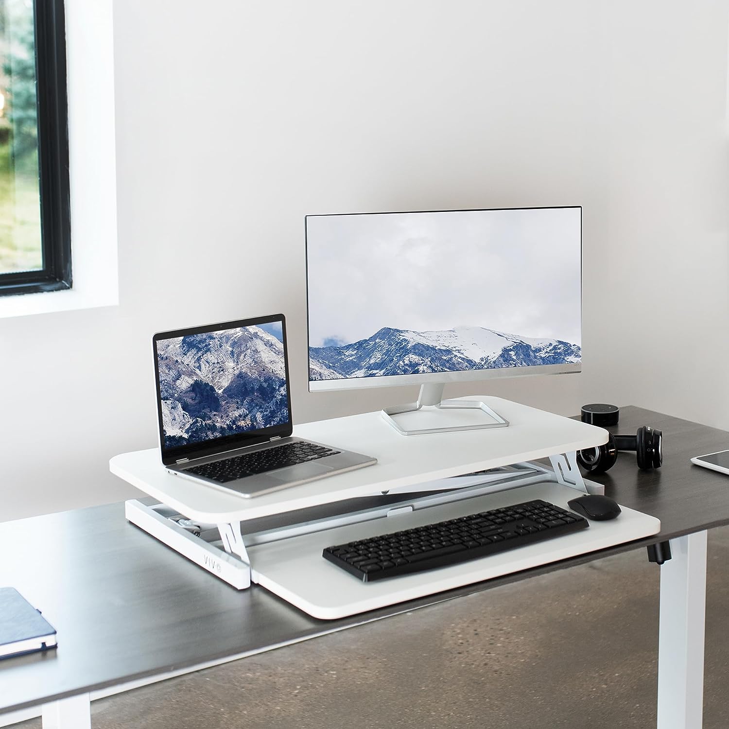 Height Adjustable 32 inch Stand Up Desk Converter, Quick Sit to Stand Tabletop Dual Monitor Riser Workstation