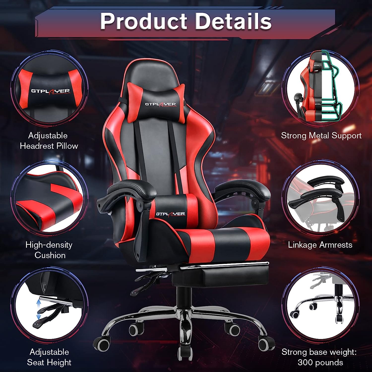 Gaming Chair, Computer Chair with Footrest and Lumbar Support