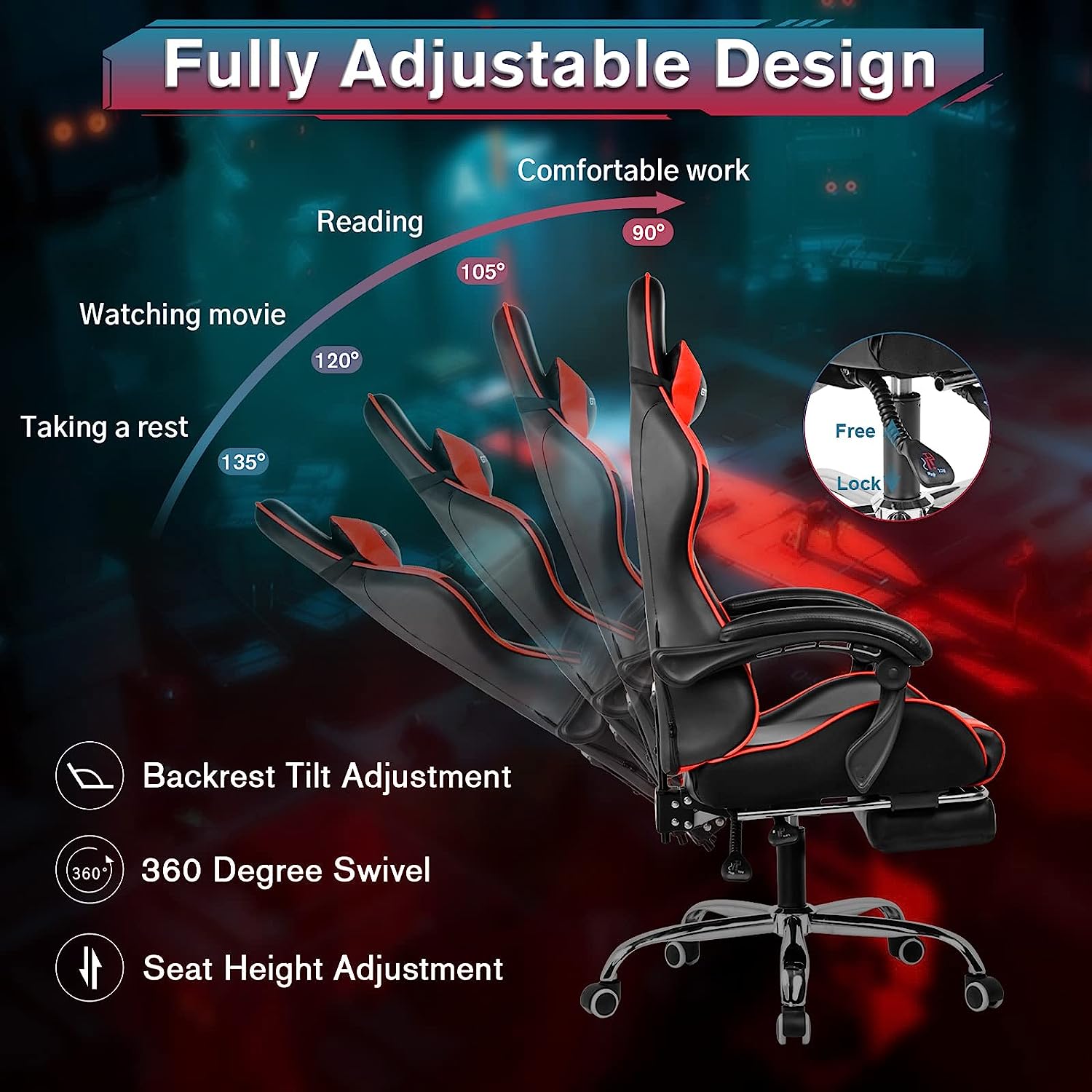 Gaming Chair, Computer Chair with Footrest and Lumbar Support