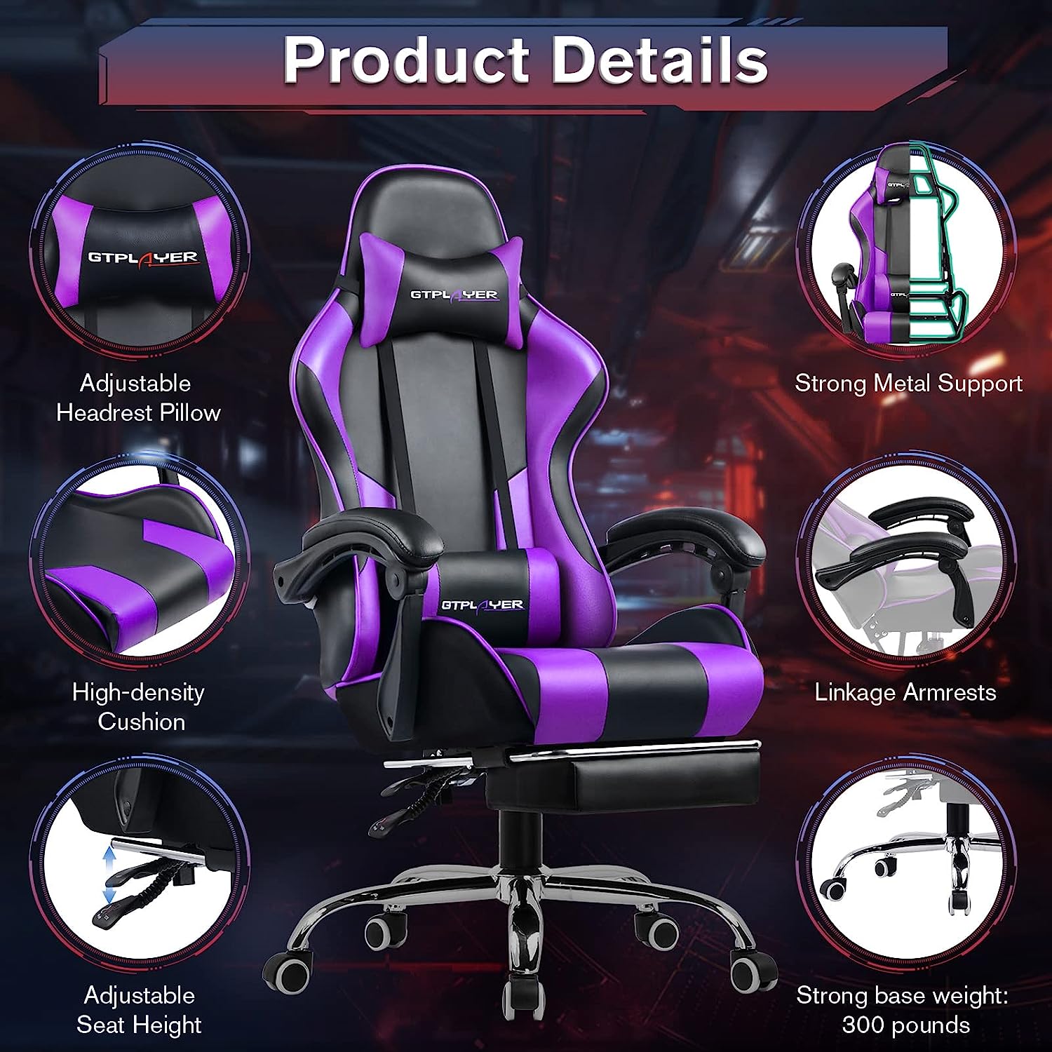 Gaming Chair, Computer Chair with Footrest and Lumbar Support