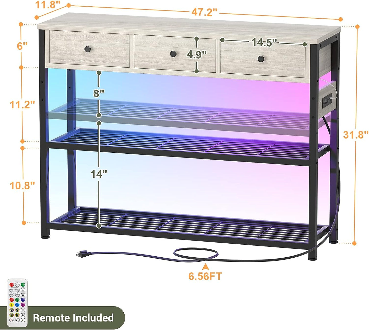 Console Table for Entryway with Power Strip, Entryway Table with RGB LED Lights, Entry Table with Storage Drawers, Sofa Tables Narrow Long for Living Room, Couch, Hallway, Foyer