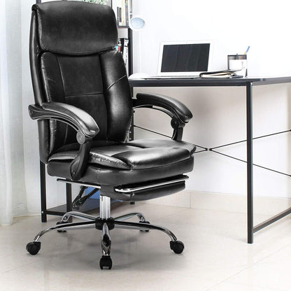 Executive Office Chair, Ergonomic Big and Tall Leather Swivel Rolling Managerial Reclining Computer Desk Task Chair, Adjustable High Back Recliner Chair with Padded Armrests and Retractable Footrest