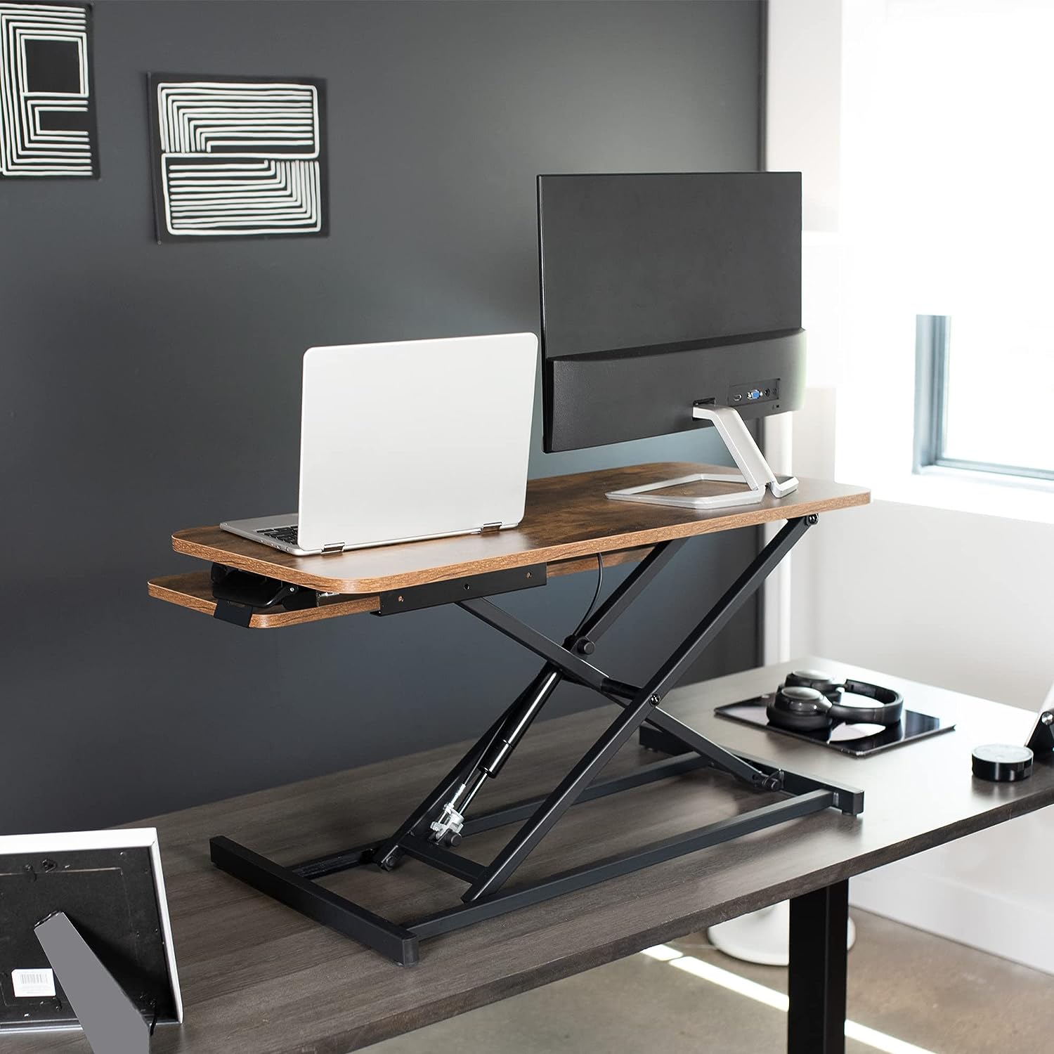 Height Adjustable 32 inch Stand Up Desk Converter, Quick Sit to Stand Tabletop Dual Monitor Riser Workstation