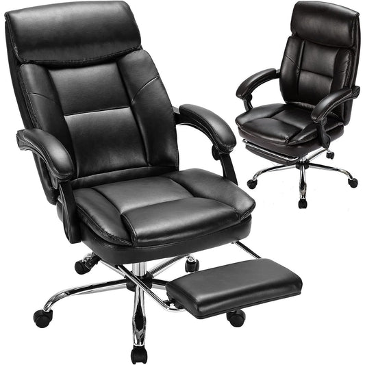 Executive Office Chair, Ergonomic Big and Tall Leather Swivel Rolling Managerial Reclining Computer Desk Task Chair, Adjustable High Back Recliner Chair with Padded Armrests and Retractable Footrest