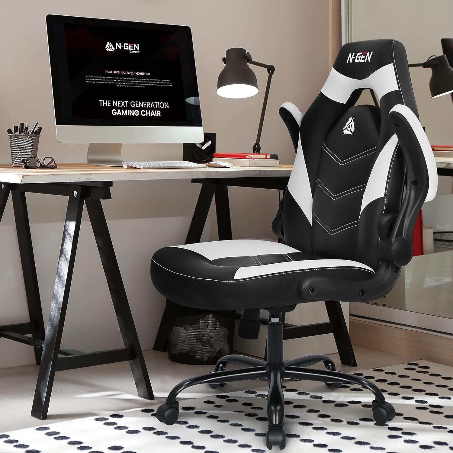 Gaming Chair Ergonomic Office Chair Computer Desk Chair with Lumbar Support Flip Up Arms Adjustable Height Swivel PU Leather Executive PC Chair with Wheels for Adults Women Men