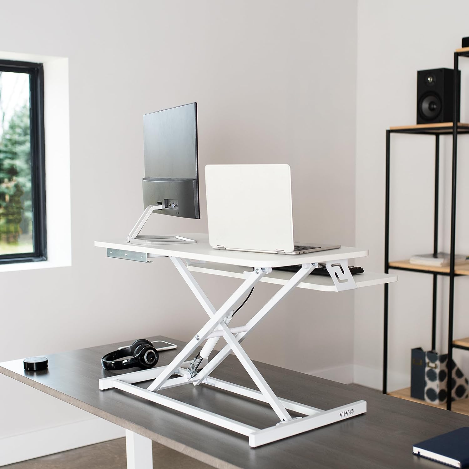 Height Adjustable 32 inch Stand Up Desk Converter, Quick Sit to Stand Tabletop Dual Monitor Riser Workstation