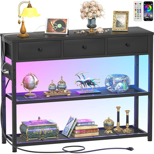 Console Table for Entryway with Power Strip, Entryway Table with RGB LED Lights, Entry Table with Storage Drawers, Sofa Tables Narrow Long for Living Room, Couch, Hallway, Foyer