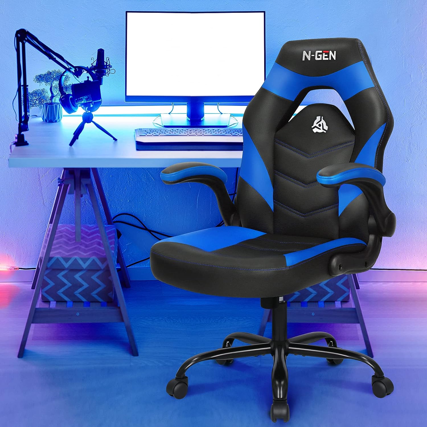 Gaming Chair Ergonomic Office Chair Computer Desk Chair with Lumbar Support Flip Up Arms Adjustable Height Swivel PU Leather Executive PC Chair with Wheels for Adults Women Men
