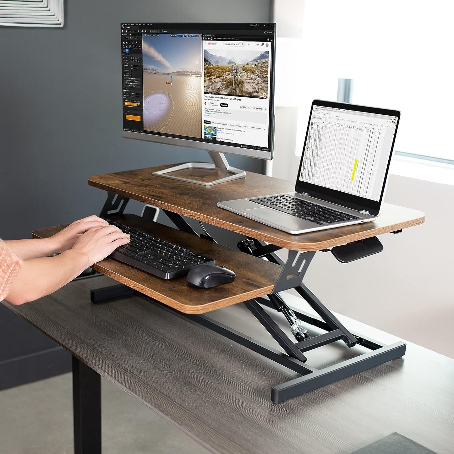 Height Adjustable 32 inch Stand Up Desk Converter, Quick Sit to Stand Tabletop Dual Monitor Riser Workstation