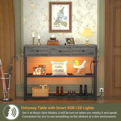 Console Table for Entryway with Power Strip, Entryway Table with RGB LED Lights, Entry Table with Storage Drawers, Sofa Tables Narrow Long for Living Room, Couch, Hallway, Foyer
